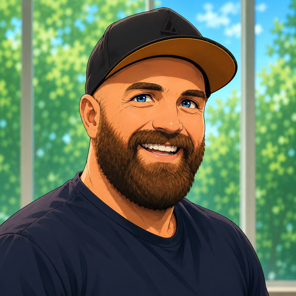 Illustrated portrait of Josh Knell, smiling, in a cap.